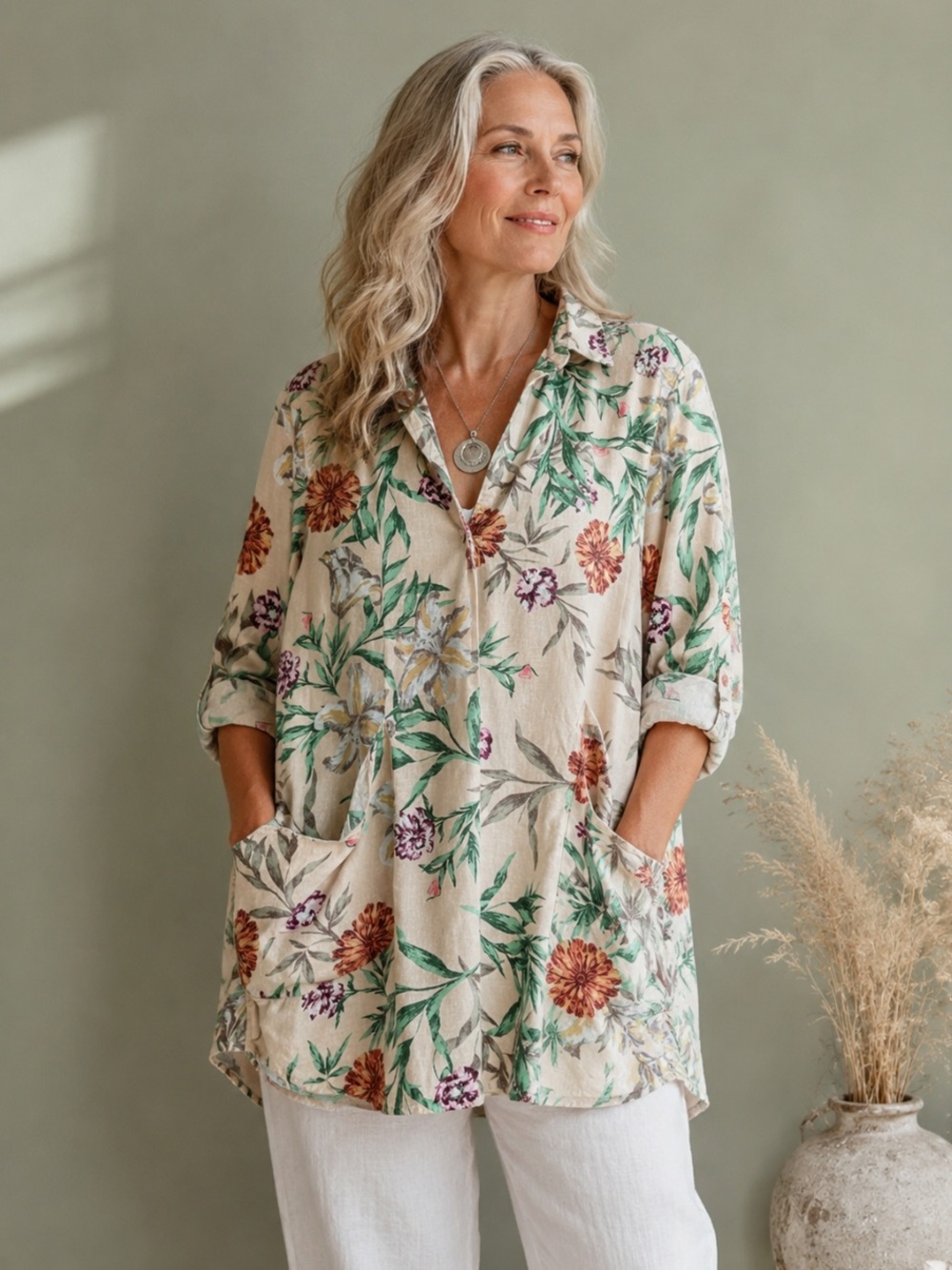 For Cynthia Linen Blend Floral Tunic Top 1X Pockets Boho Coastal Relaxed Fit